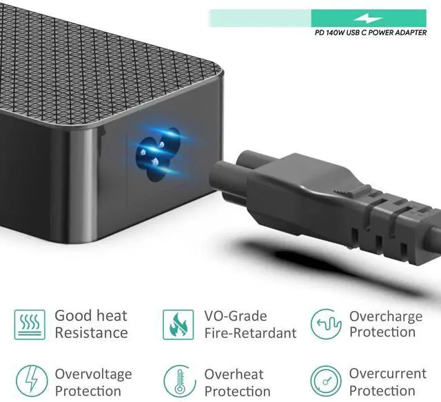 Alt view image 14 of 14 - 140W USB C Charger Power Adapter PD3.1 GaN 28V 5A Power Supply for HP OMEN Transcend 14 Spectre x360 16" Msi Prestige 14 16 AI Studio Summit E16 AI Studio eero PoE Gateway FSP140-APDAR02 TPN-LA29