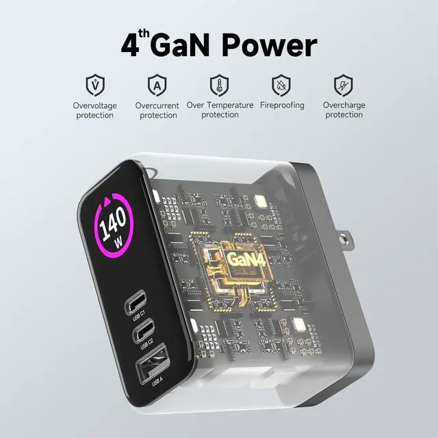 Alt view image 11 of 14 - 140W MAX USB C Charger | 3-Port Fast Charging Station (2xUSB-C PD3.1 + USB-A QC3.0) | Intuitive Touch Controls, for for MacBook, iPhone 17/16 Series, Samsung Galaxy, Pixel and More
