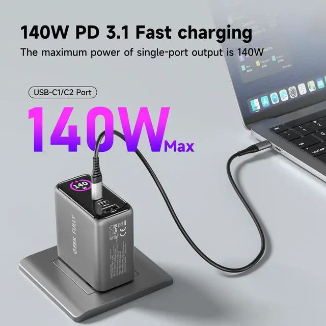 Alt view image 8 of 14 - 140W MAX USB C Charger | 3-Port Fast Charging Station (2xUSB-C PD3.1 + USB-A QC3.0) | Intuitive Touch Controls, for for MacBook, iPhone 17/16 Series, Samsung Galaxy, Pixel and More