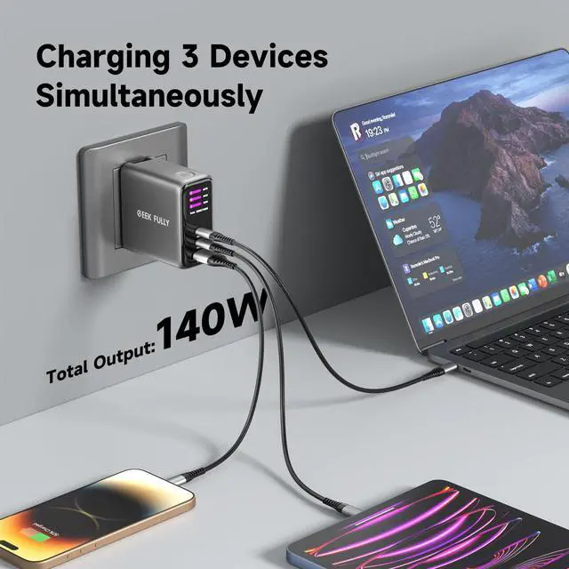 Alt view image 9 of 14 - 140W MAX USB C Charger | 3-Port Fast Charging Station (2xUSB-C PD3.1 + USB-A QC3.0) | Intuitive Touch Controls, for for MacBook, iPhone 17/16 Series, Samsung Galaxy, Pixel and More