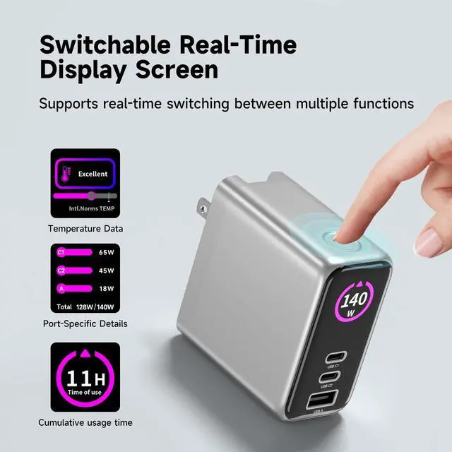 Alt view image 10 of 12 - 140W MAX USB C Charger | 3-Port Fast Charging Station (2xUSB-C PD3.1 + USB-A QC3.0) | Intuitive Touch Controls, for for MacBook, iPhone 17/16 Series, Samsung Galaxy, Pixel and More