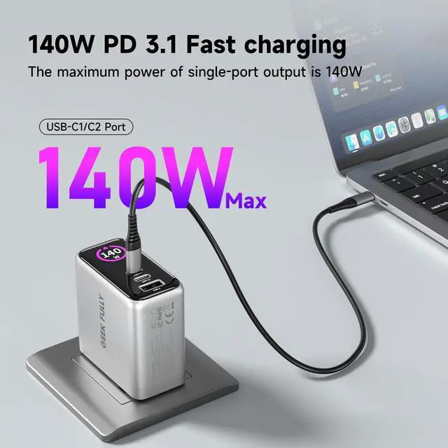 Alt view image 8 of 12 - 140W MAX USB C Charger | 3-Port Fast Charging Station (2xUSB-C PD3.1 + USB-A QC3.0) | Intuitive Touch Controls, for for MacBook, iPhone 17/16 Series, Samsung Galaxy, Pixel and More