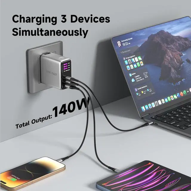 Alt view image 9 of 12 - 140W MAX USB C Charger | 3-Port Fast Charging Station (2xUSB-C PD3.1 + USB-A QC3.0) | Intuitive Touch Controls, for for MacBook, iPhone 17/16 Series, Samsung Galaxy, Pixel and More