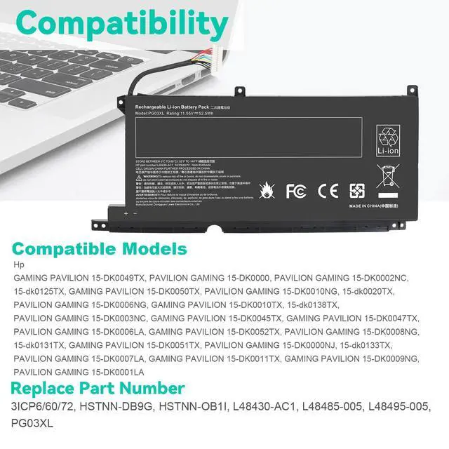 Alt view image 8 of 12 - PG03XL Replacement for HP Pavilion Gaming Laptop 15-DK 15-dk0000 15-DK0125TX OMEN 5X FPC52 HSTNN-DB9G HSTNN-OB1I L48430-AC1 L48495-005 L48430-2C1 Notebook Batteries.