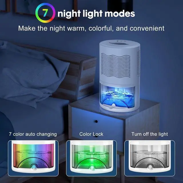 Alt view image 13 of 14 - Small Dehumidifier for Bedroom up to 1000 Sq.Ft, 68 OZ Water Tank Dehumidifier for Home with Auto Shut-Off, Mini Dehumidifier with 7 Color LED Lights for Bathroom, Basement, Closet, Garage, RV