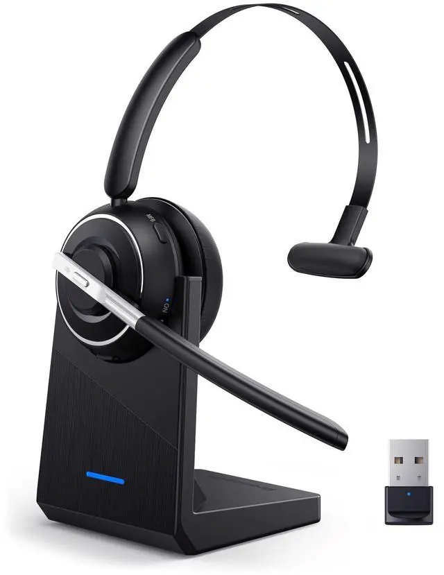 Alt view image 7 of 12 - Bluetooth Headset, Wireless Headset with Microphone for PC, V5.2 Computer Headset with Noise Cancelling Mic, USB Dongle, Charging Base & Mute Button for Work, Cell Phones, Computer (Black)