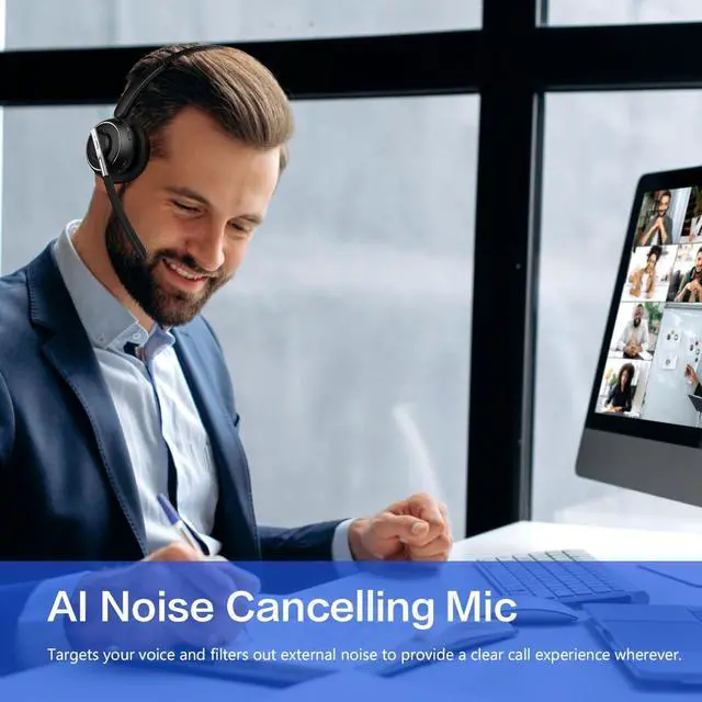Alt view image 11 of 12 - Bluetooth Headset, Wireless Headset with Microphone for PC, V5.2 Computer Headset with Noise Cancelling Mic, USB Dongle, Charging Base & Mute Button for Work, Cell Phones, Computer (Black)