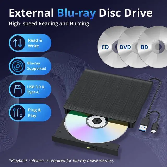 Alt view image 9 of 14 - External Blu-ray Burner, 6X BD-RE Writer & 3D Blu-ray Player, USB 3.0 & Type-C Portable Optical Drive, CD/DVD Reader Burner for Laptop Desktop PC, Compatible with Windows 11/10/Mac OS/Linux