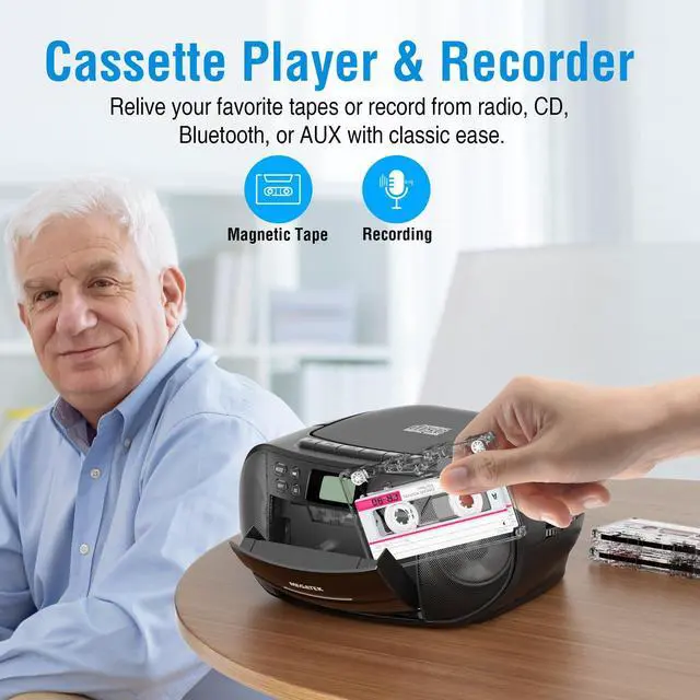 Alt view image 11 of 14 - CBR510 Portable CD/Cassette Player Boombox with Bluetooth, AM/FM Radio, USB Playback, AUX Input, Headphone Jack, LCD Display, AC/Battery Powered Stereo System for Home