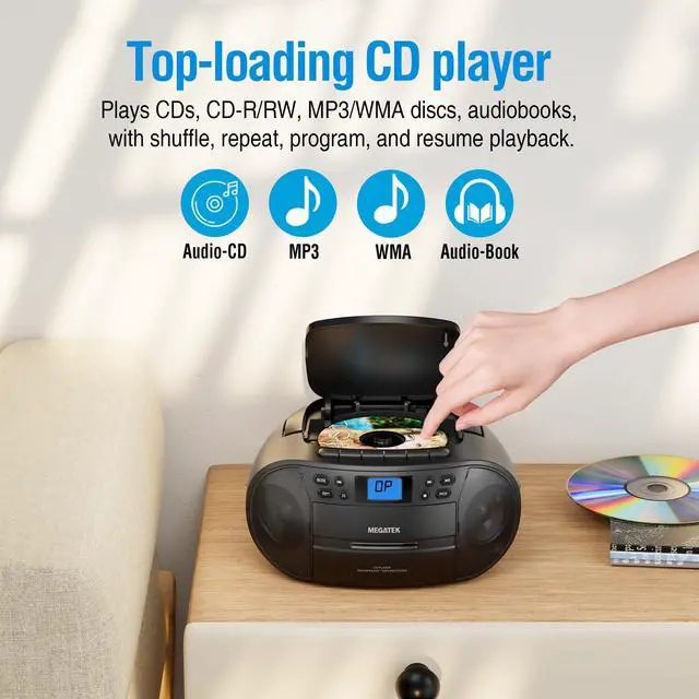Alt view image 10 of 14 - CBR510 Portable CD/Cassette Player Boombox with Bluetooth, AM/FM Radio, USB Playback, AUX Input, Headphone Jack, LCD Display, AC/Battery Powered Stereo System for Home