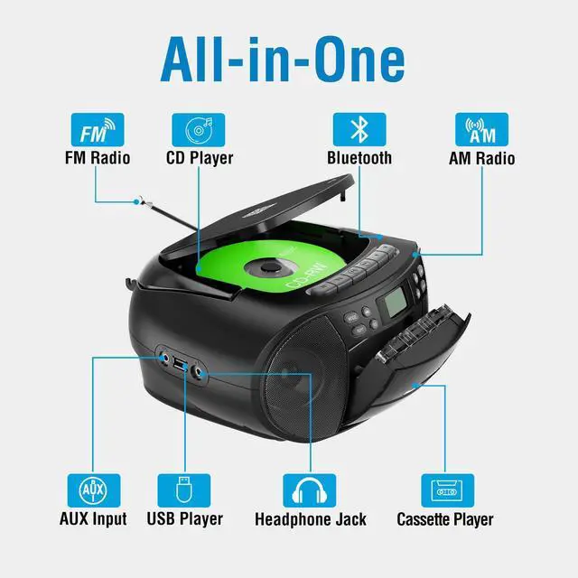 Alt view image 9 of 14 - CBR510 Portable CD/Cassette Player Boombox with Bluetooth, AM/FM Radio, USB Playback, AUX Input, Headphone Jack, LCD Display, AC/Battery Powered Stereo System for Home