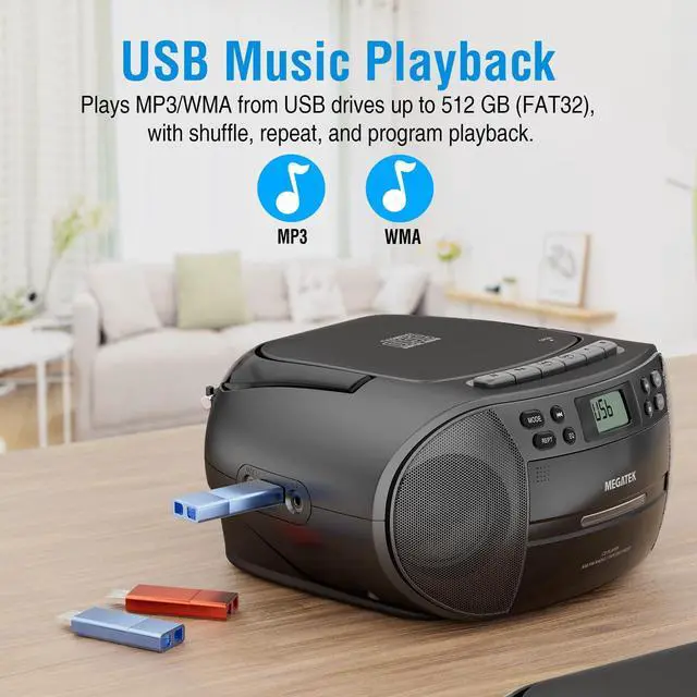 Alt view image 14 of 14 - CBR510 Portable CD/Cassette Player Boombox with Bluetooth, AM/FM Radio, USB Playback, AUX Input, Headphone Jack, LCD Display, AC/Battery Powered Stereo System for Home