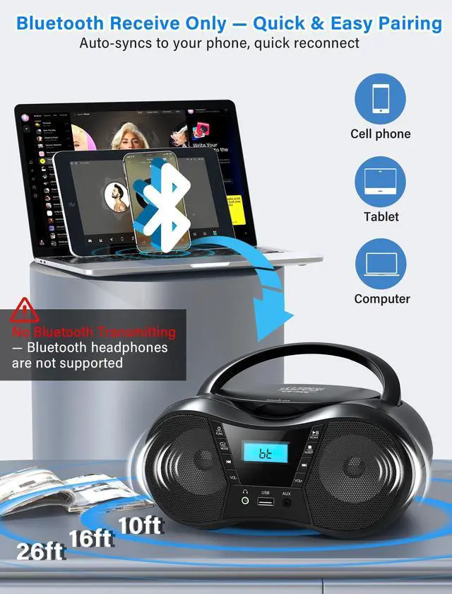 Alt view image 10 of 14 - Boombox Portable CD Players for Home with Bluetooth, Boom Box CD Player FM Radio Combo, Stereo Sound, AC/Battery Powered, CD/CD-R/RW Compatible, Support AUX/USB/Headphone, Timer, Repeatable