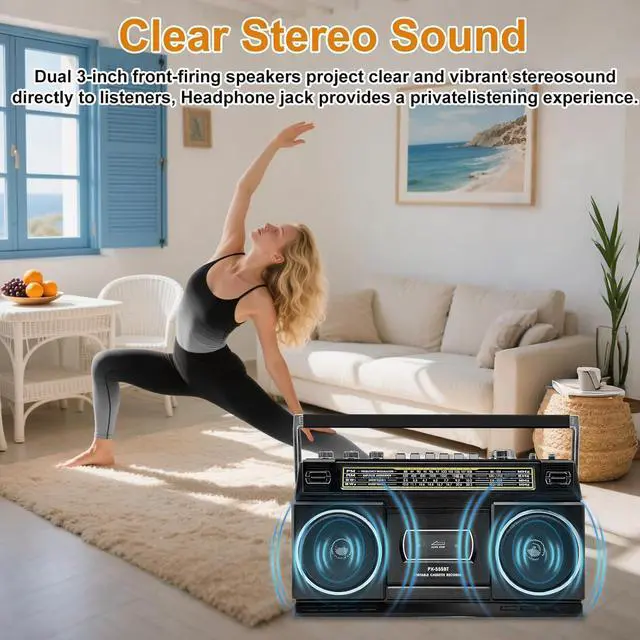Alt view image 10 of 14 - Cassette Player Boombox with Bluetooth, AM/FM/SW Radio & Record to USB, 24W Stereo Sound, 4 Power Modes, Portable Retro Stereo for Indoor Outdoor, Classic Black