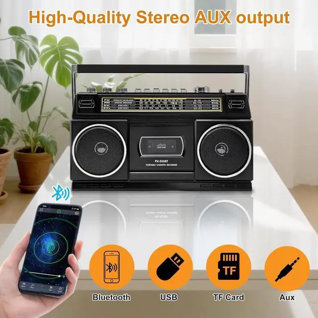 Alt view image 13 of 14 - Cassette Player Boombox with Bluetooth, AM/FM/SW Radio & Record to USB, 24W Stereo Sound, 4 Power Modes, Portable Retro Stereo for Indoor Outdoor, Classic Black