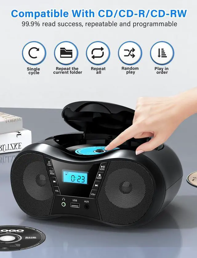 Alt view image 12 of 14 - Boombox Portable CD Players for Home with Bluetooth, Boom Box CD Player FM Radio Combo, Stereo Sound, AC/Battery Powered, CD/CD-R/RW Compatible, Support AUX/USB/Headphone, Timer, Repeatable