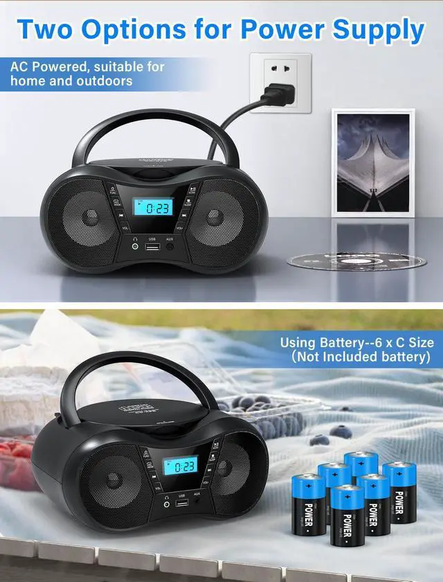 Alt view image 13 of 14 - Boombox Portable CD Players for Home with Bluetooth, Boom Box CD Player FM Radio Combo, Stereo Sound, AC/Battery Powered, CD/CD-R/RW Compatible, Support AUX/USB/Headphone, Timer, Repeatable