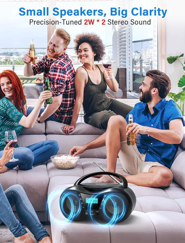 Alt view image 11 of 14 - Boombox Portable CD Players for Home with Bluetooth, Boom Box CD Player FM Radio Combo, Stereo Sound, AC/Battery Powered, CD/CD-R/RW Compatible, Support AUX/USB/Headphone, Timer, Repeatable
