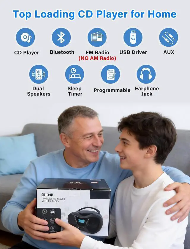 Alt view image 9 of 14 - Boombox Portable CD Players for Home with Bluetooth, Boom Box CD Player FM Radio Combo, Stereo Sound, AC/Battery Powered, CD/CD-R/RW Compatible, Support AUX/USB/Headphone, Timer, Repeatable