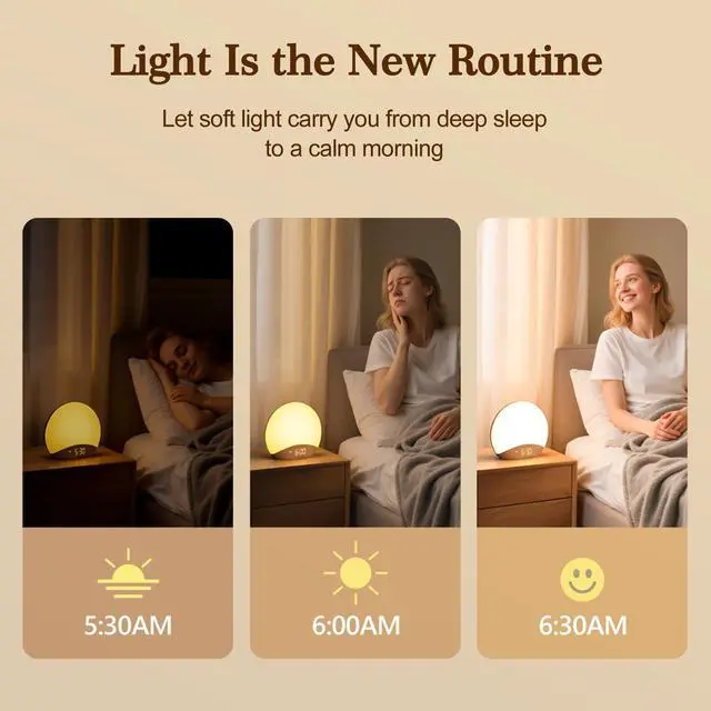 Alt view image 9 of 14 - Wood Grain Sunrise Alarm Clock and Sound Machine Nightlight, Digital Dimmable Clock for Bedroom, 26 Sleep Sounds, White Noise Machine for Baby, Adults, Wake Up Light Alarm Clock for Kids