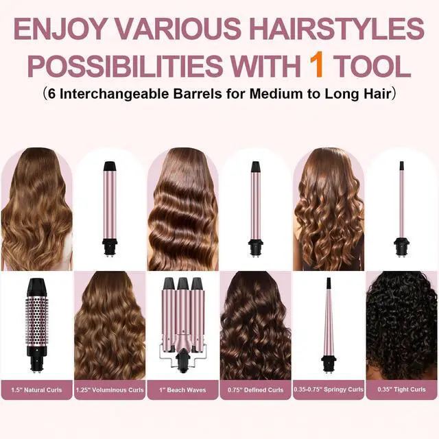 Alt view image 9 of 14 - 6 in 1 Wand Curling Iron Set, 3 Barrel Curling Wand Set with Thermal Brush (1.5") and 5 Interchangeable Ceramic Hair Wand Curler (0.35"-1.25"), Home Travel Multi Curl, 2 Temp 30S Instant Heat Up