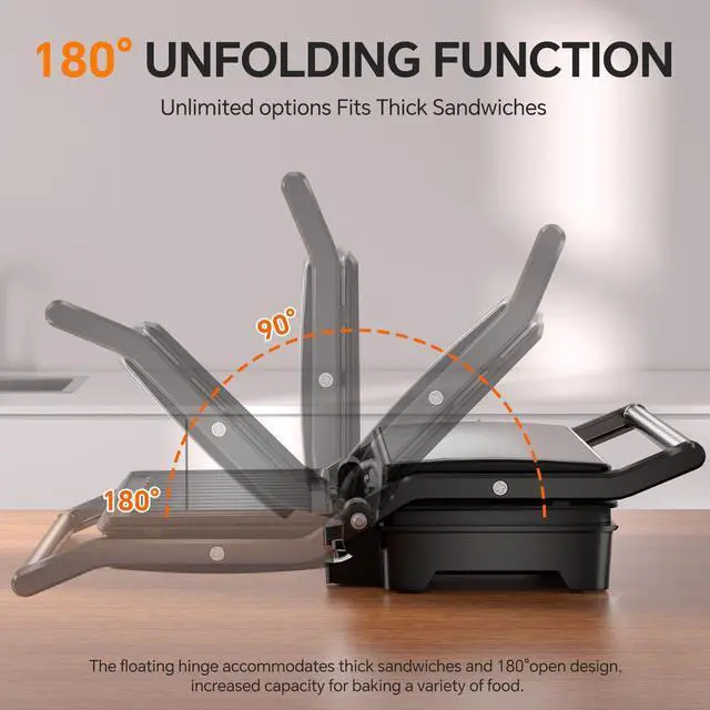 Alt view image 8 of 14 - Panini Press Grill, 1000W Sandwich Maker with Non-Stick Coated Plates, Opens 180 Degrees for Any Size of Food, 3-in-1 Sandwich Press Electric Grill, Stainless Steel Surface and Removable Drip Tray