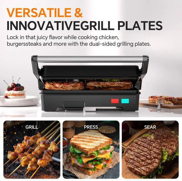 Alt view image 9 of 14 - Panini Press Grill, 1000W Sandwich Maker with Non-Stick Coated Plates, Opens 180 Degrees for Any Size of Food, 3-in-1 Sandwich Press Electric Grill, Stainless Steel Surface and Removable Drip Tray