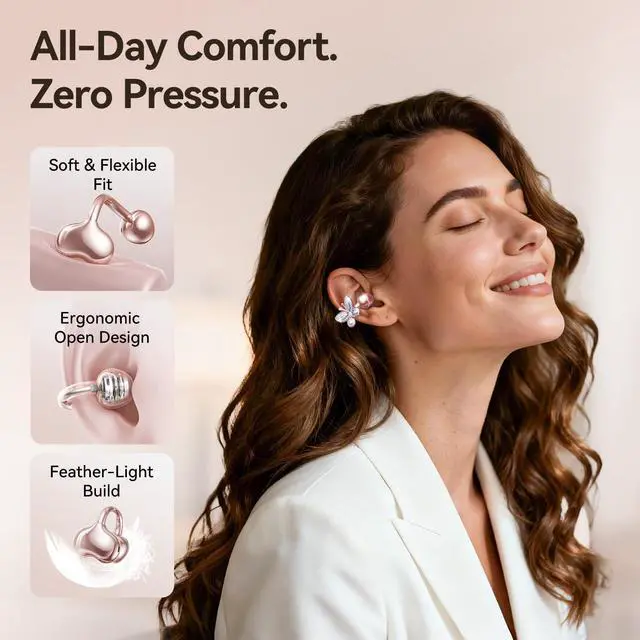 Alt view image 10 of 14 - ClipFree Open-Ear Headphones with Butterfly Earrings, Ultra-Comfort & Snug Fit Clip On Earbuds, 50H Playtime Bluetooth 6.0 Wireless Headphones for Women Sports,Glasses Gifts (Rose Gold)