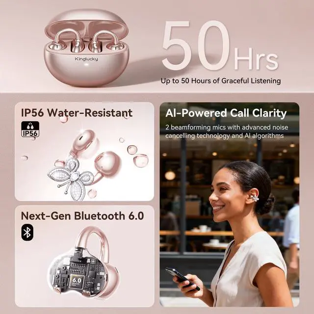Alt view image 13 of 14 - ClipFree Open-Ear Headphones with Butterfly Earrings, Ultra-Comfort & Snug Fit Clip On Earbuds, 50H Playtime Bluetooth 6.0 Wireless Headphones for Women Sports,Glasses Gifts (Rose Gold)