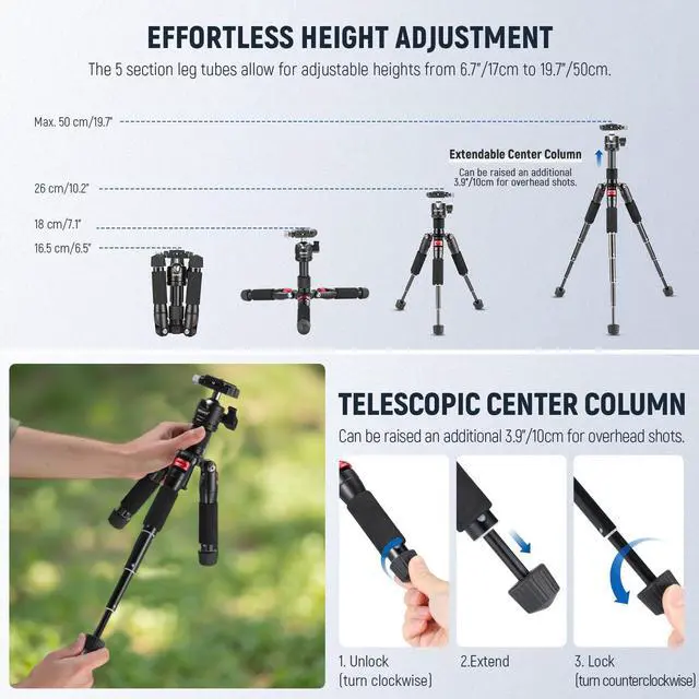 Alt view image 10 of 12 - Portable Travel Mini Tabletop Tripod, Aluminum Alloy 20''/ 50cm Desktop Desk Tripod with 360 Degree Ball Head, 1/4" Quick Shoe Plate for DSLR Camera Video Camcorder, Max Load 11 lb/5 kg