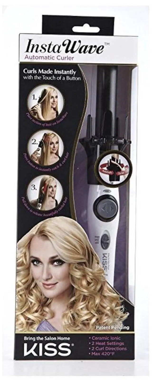 Alt view image 4 of 4 - Instawave Deluxe Automatic Rotating Curling Iron, Self-Spinning, Ceramic Ionic Technology, Tangle Prevention, 2-Way Rotation, Dual Heat Settings up to 420°F, 1 Curling Wand, Black & White