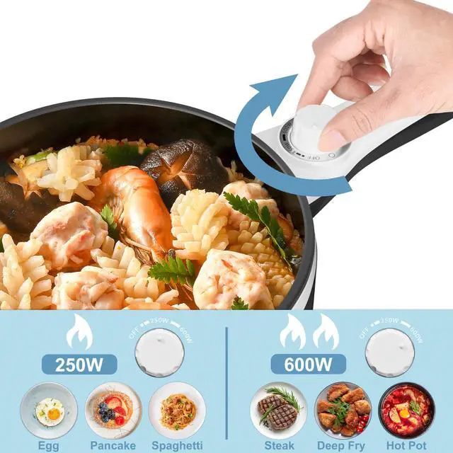 Alt view image 10 of 14 - Hot Pot Electric Upgraded, Non-Stick Sauté Pan, Rapid Noodles Electric Pot, 1.5L Mini Portable Hot Pot for Steak, Egg, Fried Rice, Ramen, Oatmeal, Soup with Power Adjustment