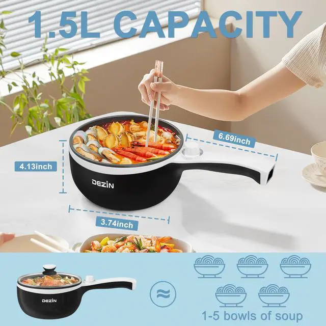 Alt view image 11 of 14 - Hot Pot Electric Upgraded, Non-Stick Sauté Pan, Rapid Noodles Electric Pot, 1.5L Mini Portable Hot Pot for Steak, Egg, Fried Rice, Ramen, Oatmeal, Soup with Power Adjustment