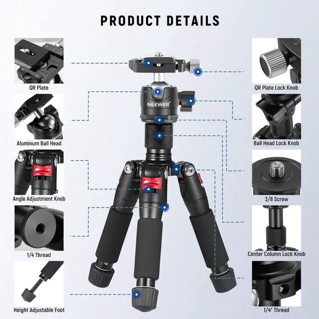 Alt view image 12 of 12 - Portable Travel Mini Tabletop Tripod, Aluminum Alloy 20''/ 50cm Desktop Desk Tripod with 360 Degree Ball Head, 1/4" Quick Shoe Plate for DSLR Camera Video Camcorder, Max Load 11 lb/5 kg