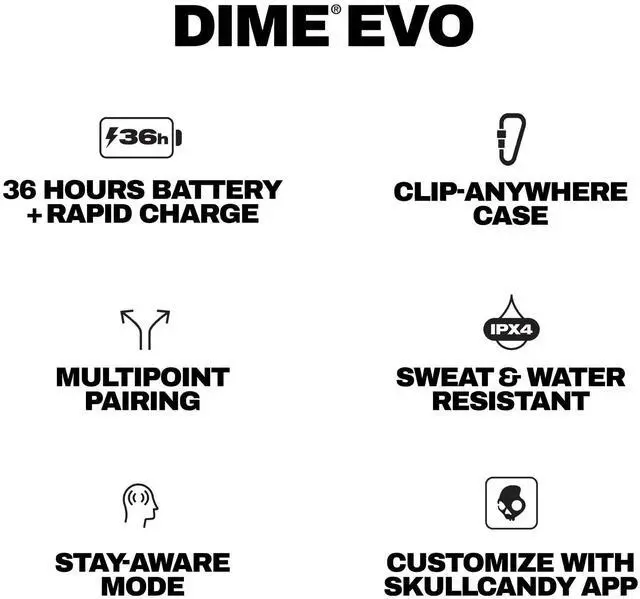 Alt view image 10 of 12 - Dime Evo Wireless Earbuds, Bluetooth Headphones, Noise Isolating Fit, Up to 36 Hours Battery, Microphone for iPhone Android, Easy Carry with Clip-Anywhere Case - True Black