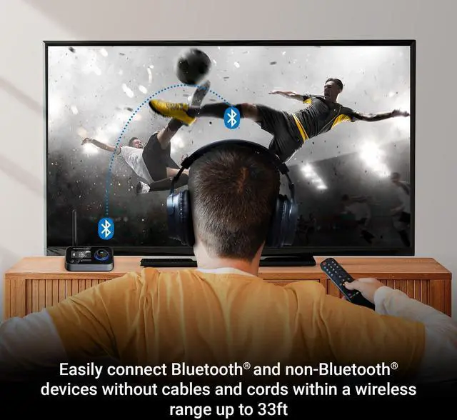 Alt view image 10 of 14 - Bluetooth Transmitter & Receiver, 2-in-1 Bluetooth Audio Adapter, Stream to/from NonBluetooth Devices, Stream TV to 2 Headphones, 33 ft Range, Analog & Digital, TV USB Powered, 3.5mm Aux Port