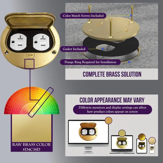 Alt view image 10 of 14 - Brass Flip Lid Floor Box Cover, 4" Diameter, Includes 20A Tamper-Weather Resistant Duplex Receptacle & Watertight Gaskets, PN: 975502-C, UL Listed