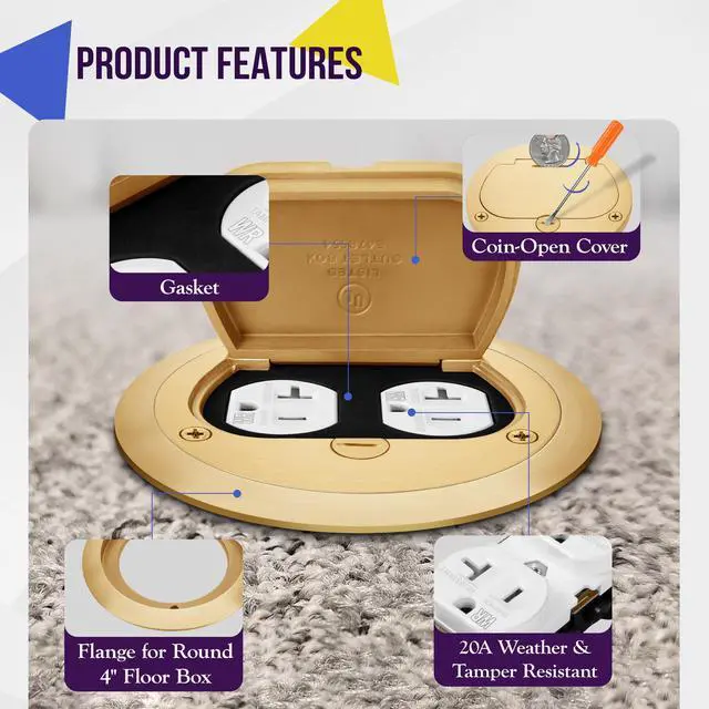 Alt view image 9 of 14 - Brass Flip Lid Floor Box Cover, 4" Diameter, Includes 20A Tamper-Weather Resistant Duplex Receptacle & Watertight Gaskets, PN: 975502-C, UL Listed