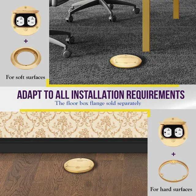Alt view image 11 of 14 - Brass Flip Lid Floor Box Cover, 4" Diameter, Includes 20A Tamper-Weather Resistant Duplex Receptacle & Watertight Gaskets, PN: 975502-C, UL Listed