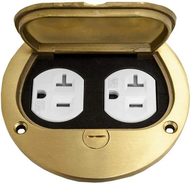 Alt view image 8 of 14 - Brass Flip Lid Floor Box Cover, 4" Diameter, Includes 20A Tamper-Weather Resistant Duplex Receptacle & Watertight Gaskets, PN: 975502-C, UL Listed