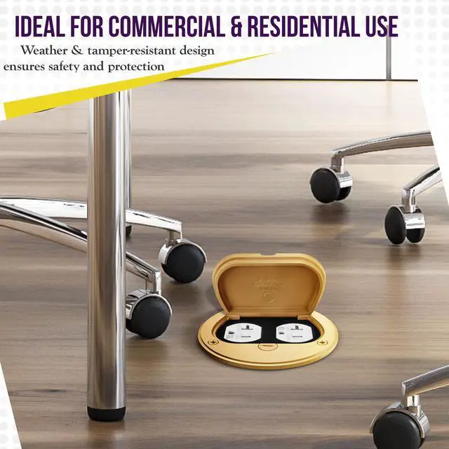 Alt view image 13 of 14 - Brass Flip Lid Floor Box Cover, 4" Diameter, Includes 20A Tamper-Weather Resistant Duplex Receptacle & Watertight Gaskets, PN: 975502-C, UL Listed
