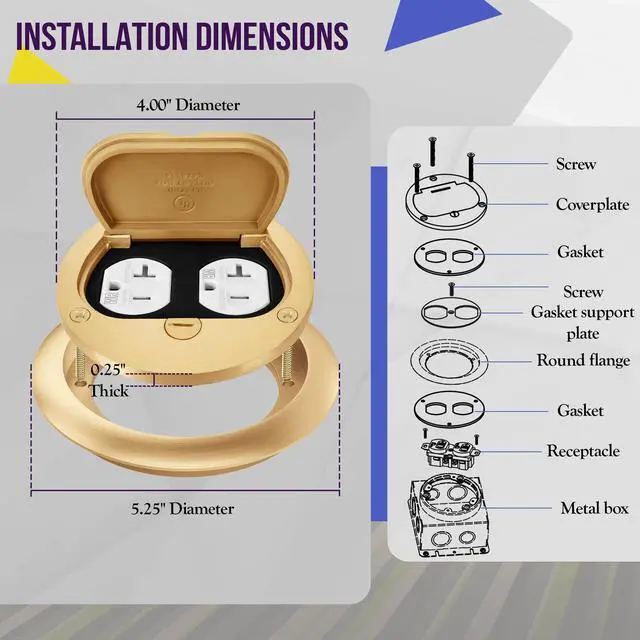 Alt view image 14 of 14 - Brass Flip Lid Floor Box Cover, 4" Diameter, Includes 20A Tamper-Weather Resistant Duplex Receptacle & Watertight Gaskets, PN: 975502-C, UL Listed
