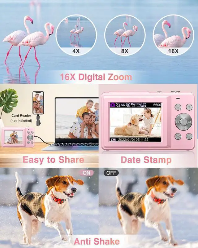 Alt view image 12 of 14 - Digital Camera, FHD 1080P Point and Shoot Kids Camera, with 32GB Card, 2 Batteries, 16X Zoom Anti Shake Date Stamp, Compact Portable Small, for Starter Kid Children Teen Student Girl Boy(Pink)