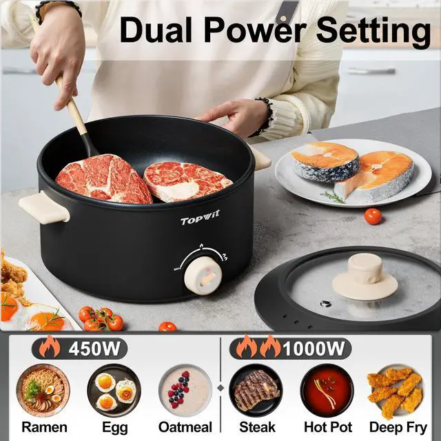 Alt view image 9 of 14 - Hot Pot Electric, 4L Electric Pot with Non-Stick Coating, Dual Power Electric Cooker for Deep Frying, Steak, Pasta, Multi-Functional Large Capaity Shabu Shabu Pot for Party, Dark Black