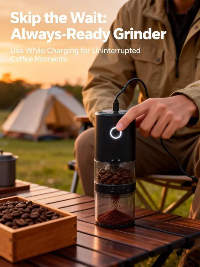 Alt view image 10 of 12 - Portable Electric Burr Coffee Grinder - Grind While Charging - Visual Bean Hopper - 38 External Grind Settings - 1.8X Faster Grinding - 2000 mAh Battery for Travel, Camping - Matte Black