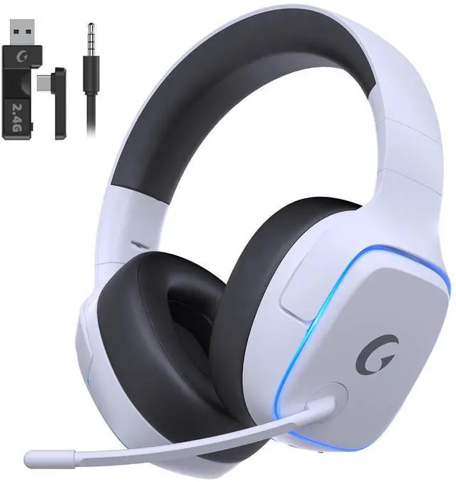 Alt view image 8 of 14 - 2.4GHz Wireless Gaming Headsets for PS5, PS4, PC, Switch - Bluetooth 5.3 Gaming Headphones with Noise Canceling Mic, 7.1 Surround Sound, 70H Battery, Blue Lighting - White