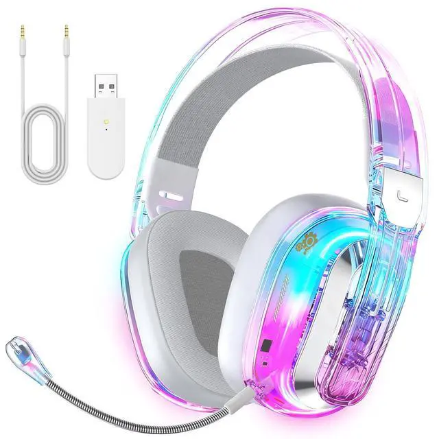 Alt view image 8 of 14 - Wireless Gaming Headset for PS5, PS4, PC, Switch, Mac, 2.4GHz USB Over Ear Gaming Headphones with Crystal RGB Lights