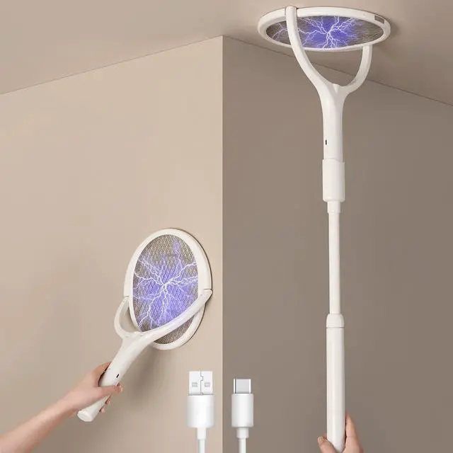 Alt view image 8 of 14 - Rotating Head Electric Fly Swatter Racket Rechargeable Bug Zapper Racket Bug Zapper Indoor Fly Zapper Mosquito Zapper Flies Killer for Indoors, with a Telescopic Extension