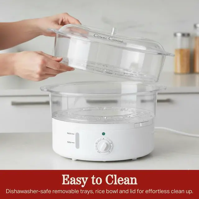 Alt view image 12 of 14 - Vegetable Steamer Rice Cooker- 6.3 Quart Electric Steam Appliance with Timer for Healthy Fish, Eggs, Vegetables, Rice, Baby Food by Classic Cuisine, 11"D x 11"W x 12.25"H