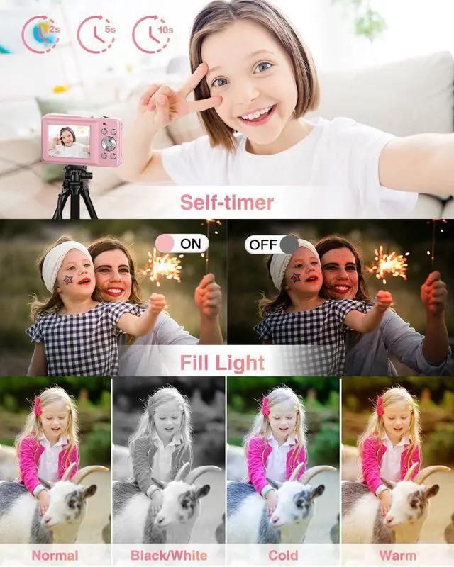 Alt view image 13 of 14 - Digital Camera, FHD 1080P Point and Shoot Kids Camera, with 32GB Card, 2 Batteries, 16X Zoom Anti Shake Date Stamp, Compact Portable Small, for Starter Kid Children Teen Student Girl Boy(Pink)